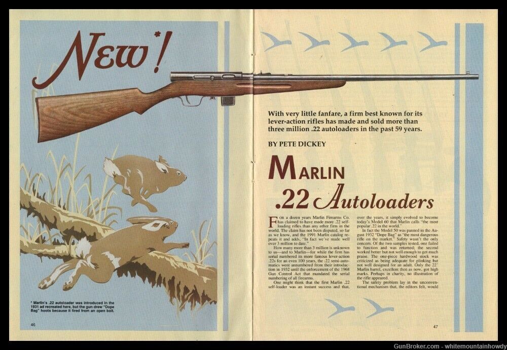1991 MARLIN ,22 Autoloaders 6-page Rifle Article by Pete Dickey