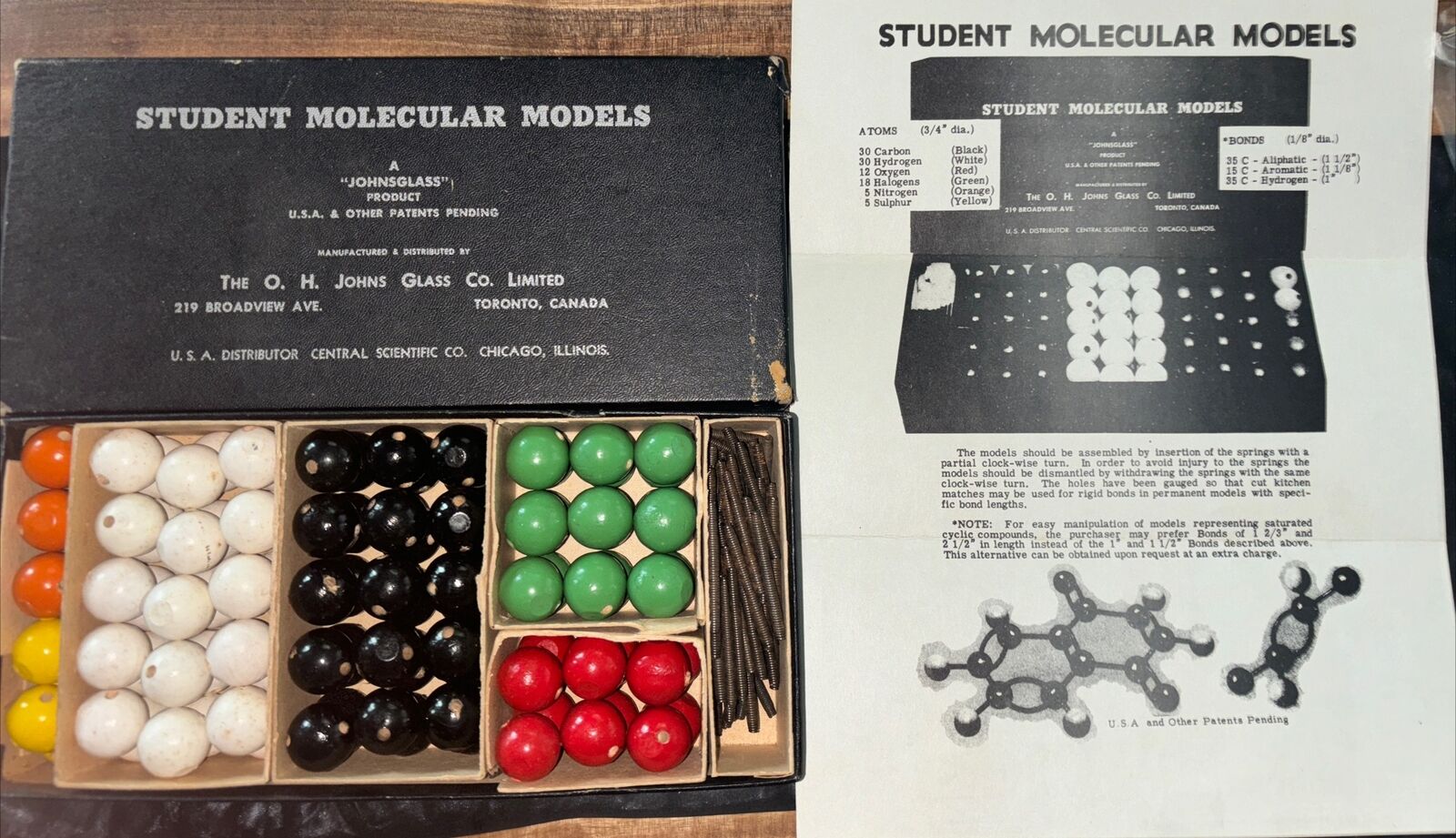 Vintage Antique 1950s Student Molecular Models Set Wood Metal John Glass Science