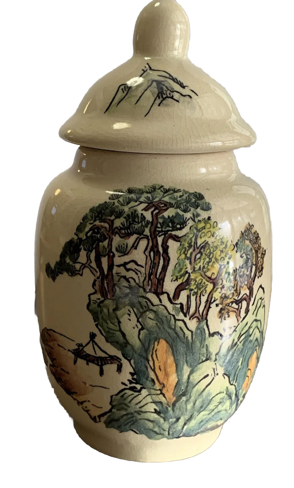 Vintage Hand Painted Chinese Ginger Jar Urn With Lid Green Trees Mountain Scene