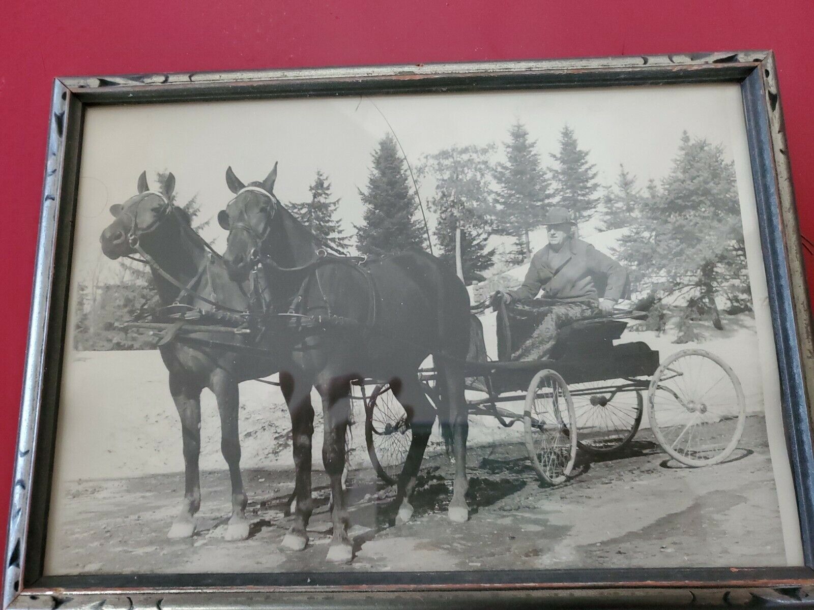 1920s 30s Man W/ Horses & Carriage Photo A Vtg Americana 8x10