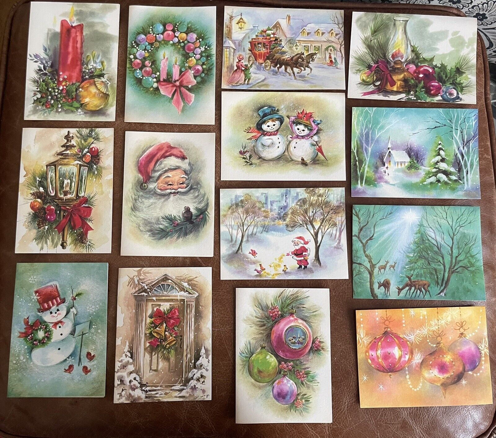 32 VTG Unused Christmas Greeting Cards w/ Envelopes Santa Snowman Ornaments