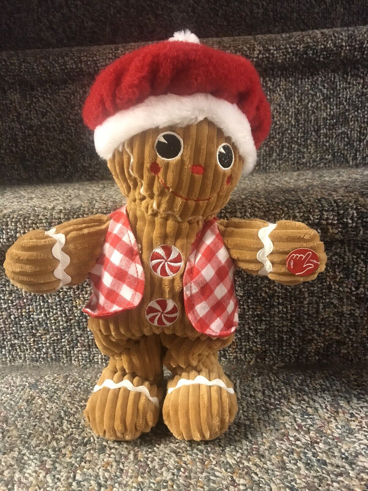 Merry Brite 13” Animated Singing Gingerbread in Santa Hat and Red Plaid Vest