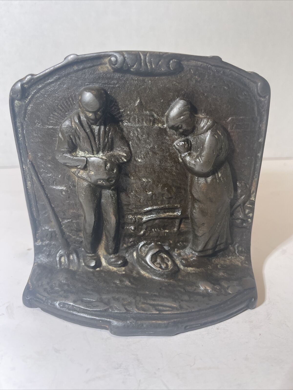 Vtg 1928  Angelus Call to Pray Cast Iron Bookend Farmers Harvest Door Stop