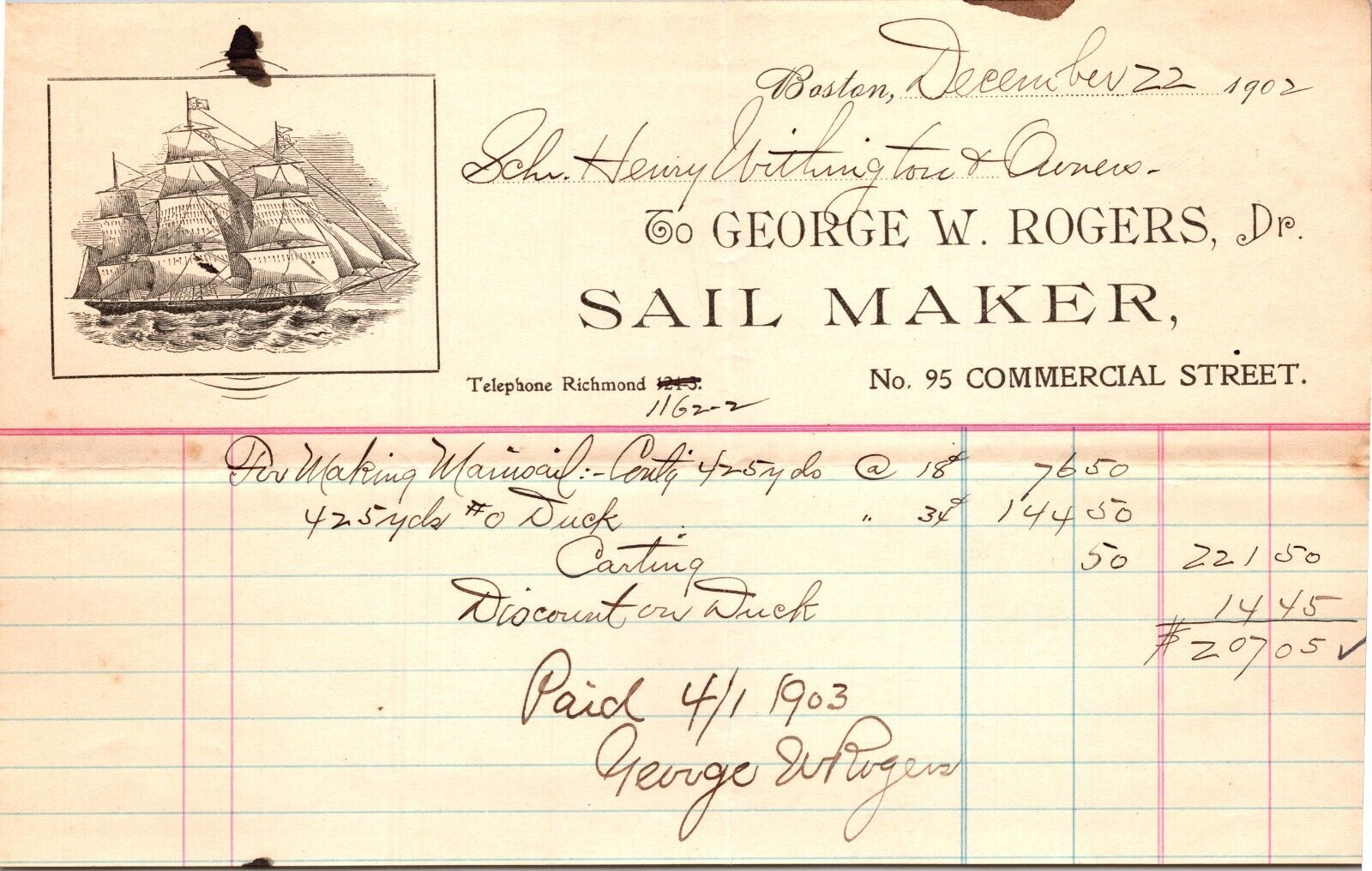 Nautical George Rogers Boston MA 1902 Billhead Sail Maker Schooner Withington