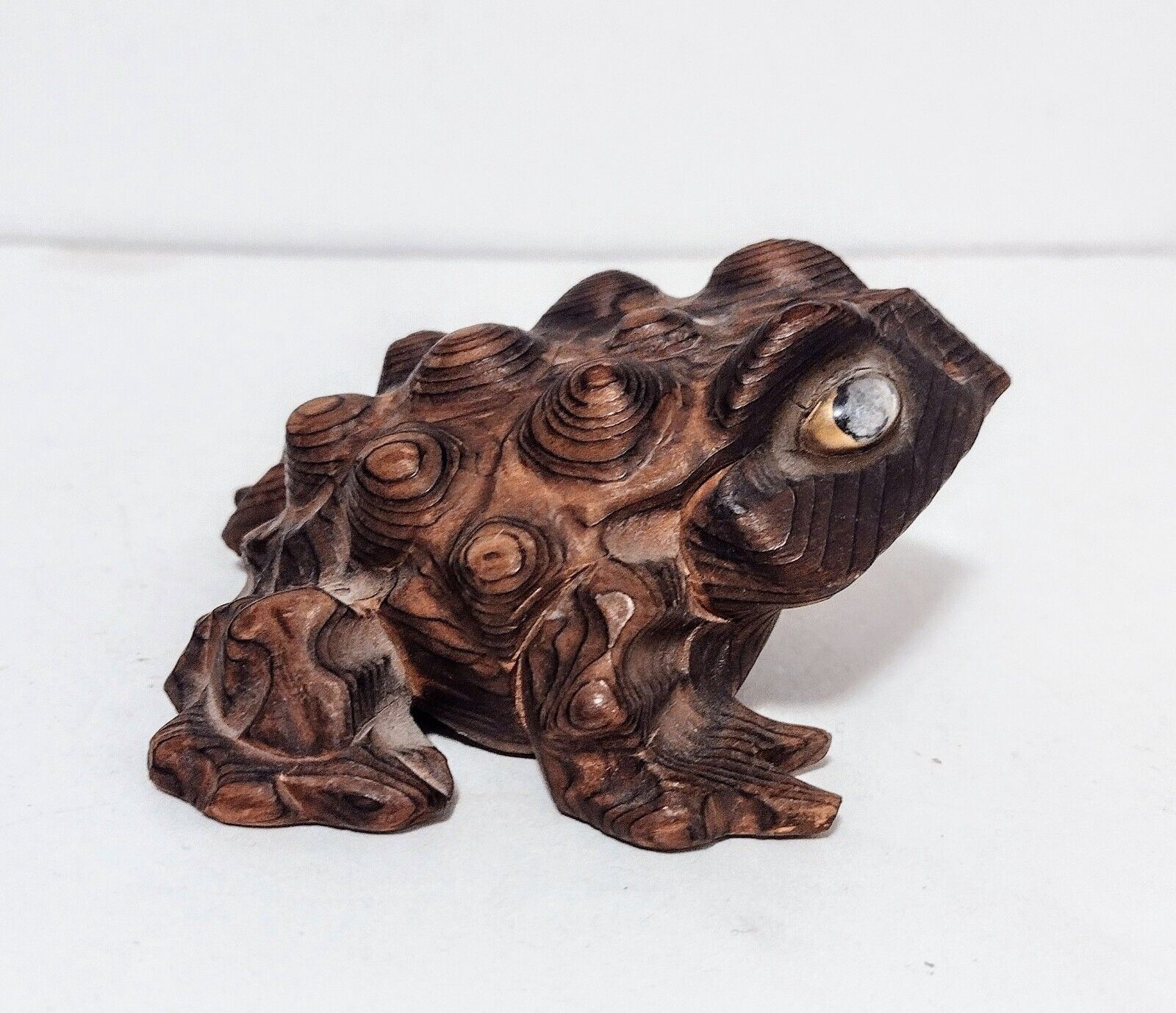 Vintage MCM Cryptomeria Sugi Wood Toad Japan Hand Carved Frog Glass Eyes