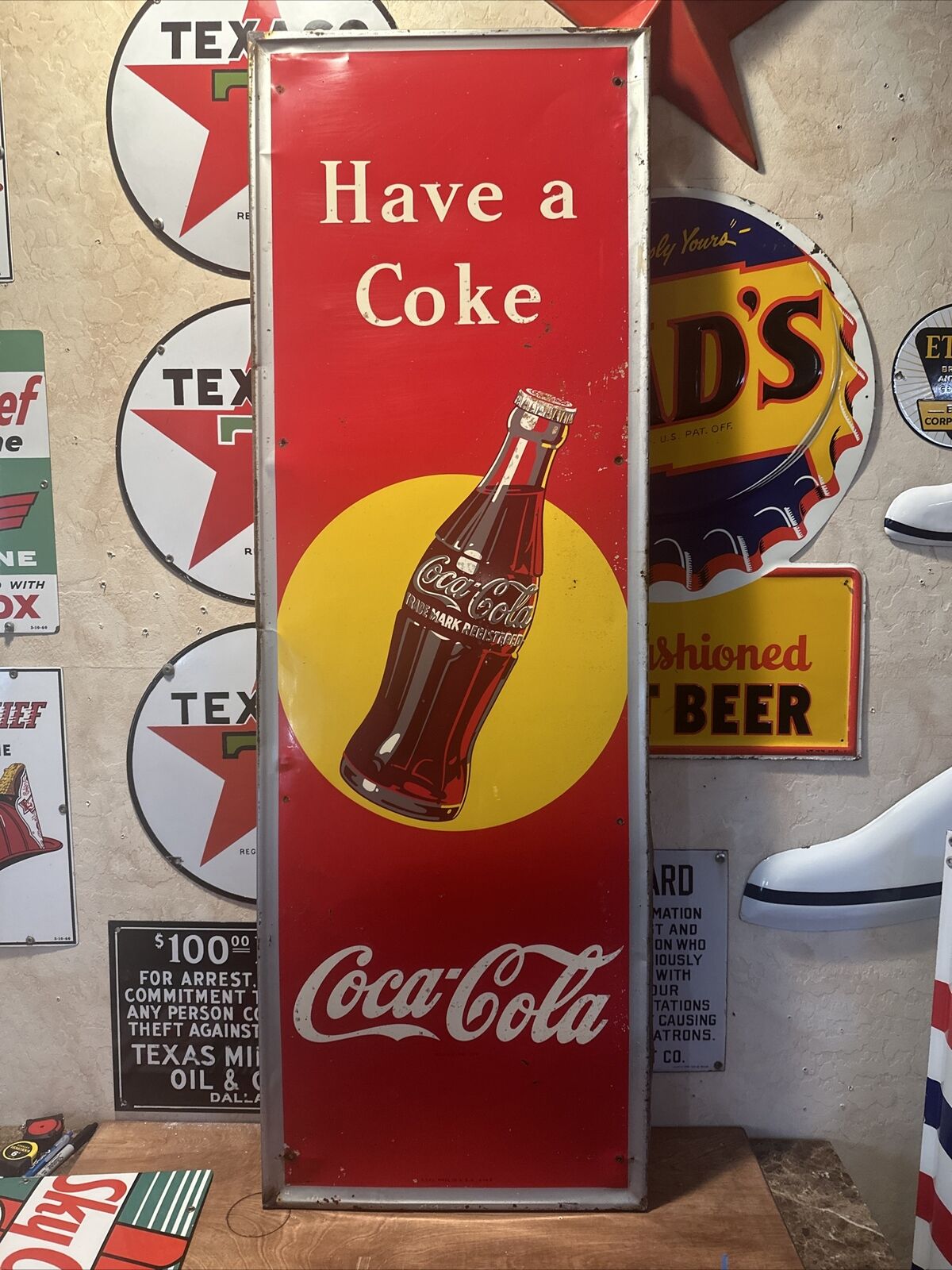 LG. ORIGINAL ''HAVE A COKE'' METAL SIGN 54X18 INCH MARKED RSC 4-48 MADE IN USA