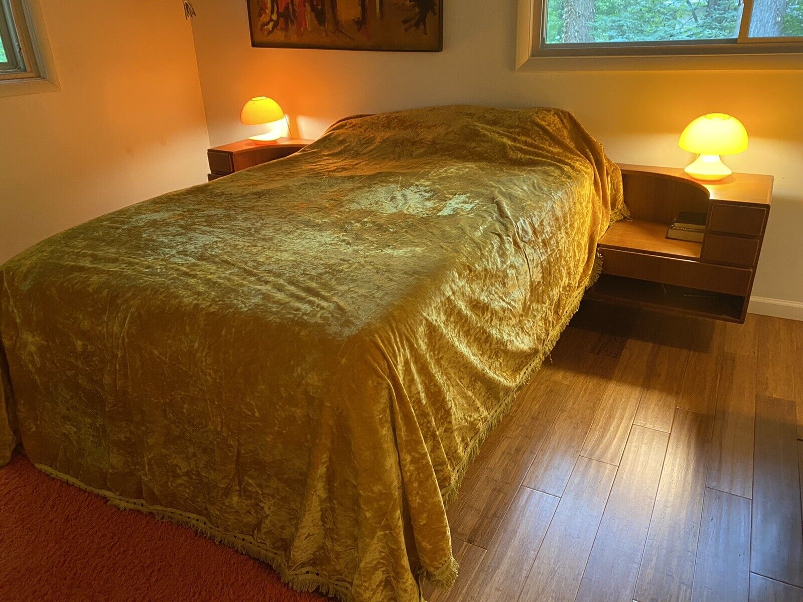 70s vintage crushed velvet gold bedspread Queen