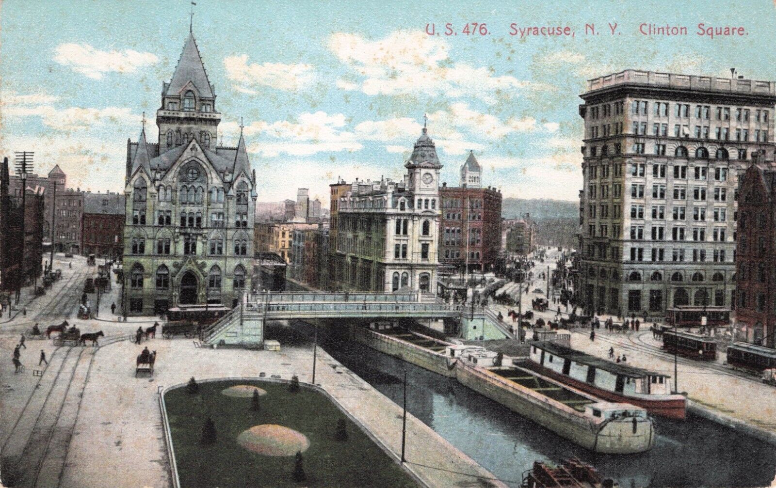 Vintage Postcard Syracuse New York Clinton Square Erie Canal canal boats 533