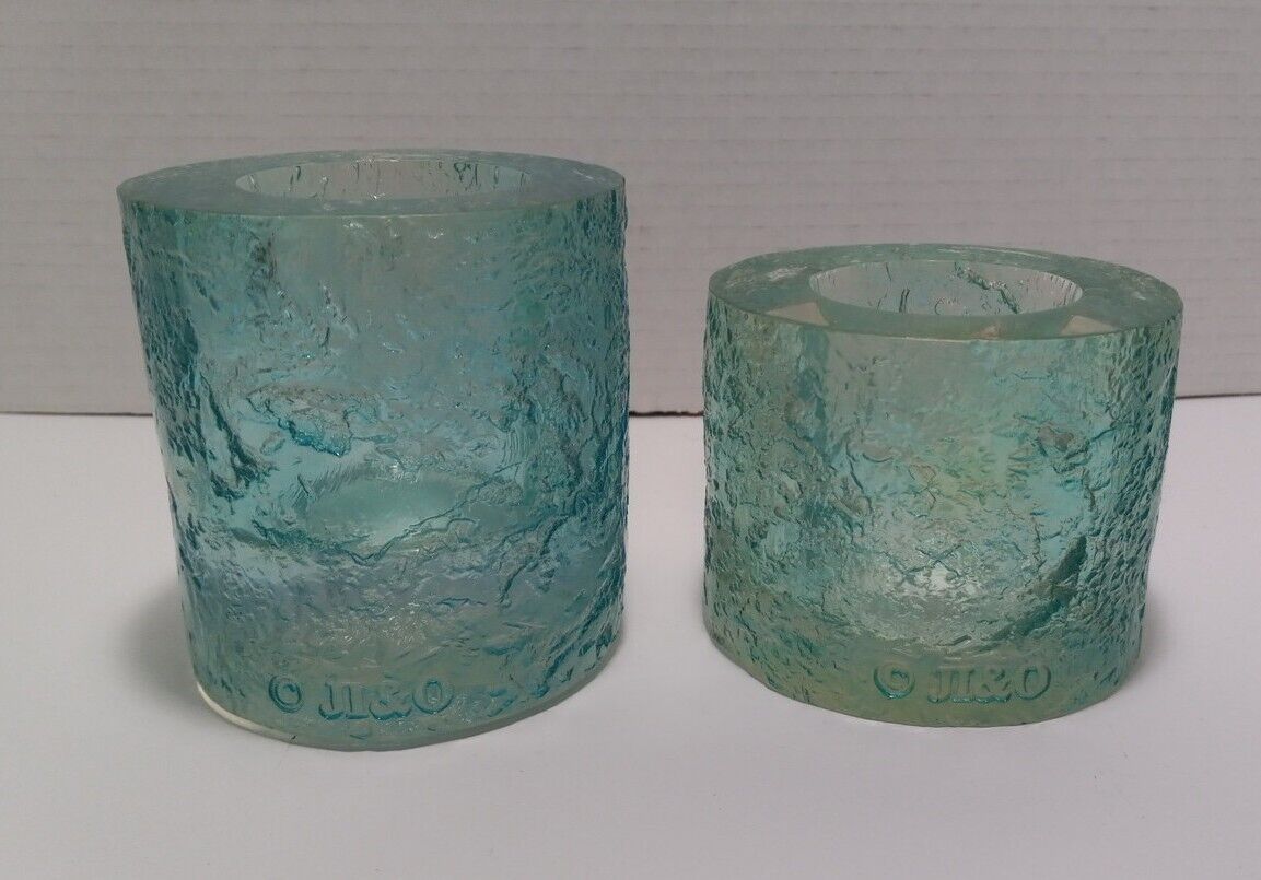 Vintage Pair Of JI&O Ice Blue Textured Lucite Candle Holders