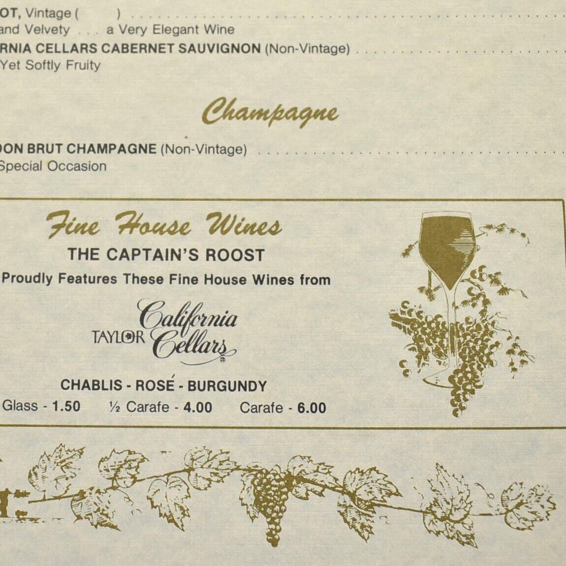 1980s Captain\'s Restaurant Menu Taylor California Cellars Wines Houston Texas