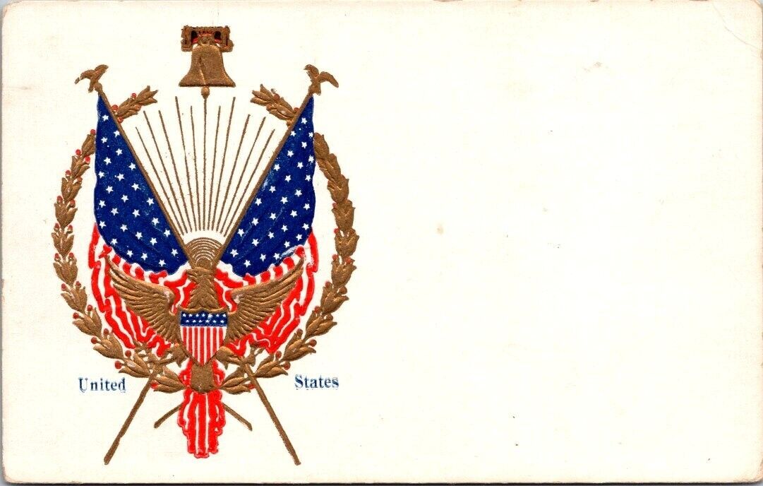 United States Flag Eagle Shield Gold Gilt Embossed Patriotic c1905 postcard JP12