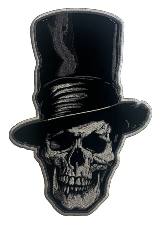 SKULL WITH LARGE HAT X-LARGE BACK BIKER PATCH IRON ON 15X10 INCH