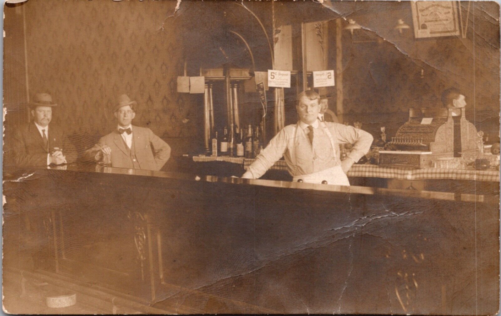 Real Photo Postcard Three Men Standing Behind Bar Restaurant Early Cash Register