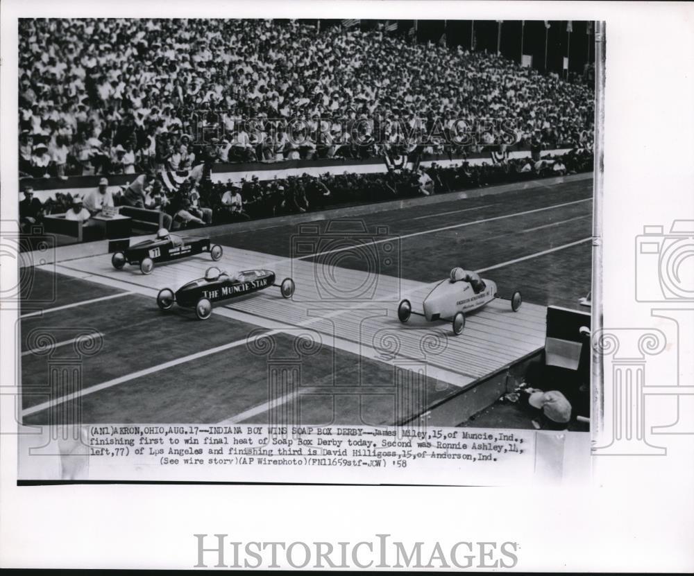 1958 Wire Photo James Miley finishing first to win final heat of Soap Box Derby