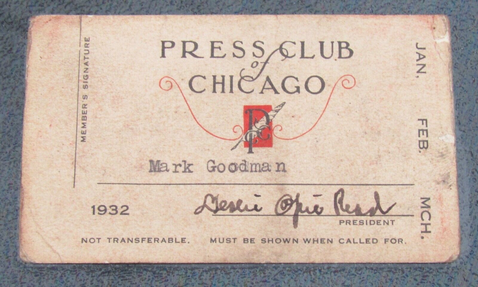 1932 Press Club of Chicago Membership Card MARK GOODMAN Jan. Feb. Mch. Rare look
