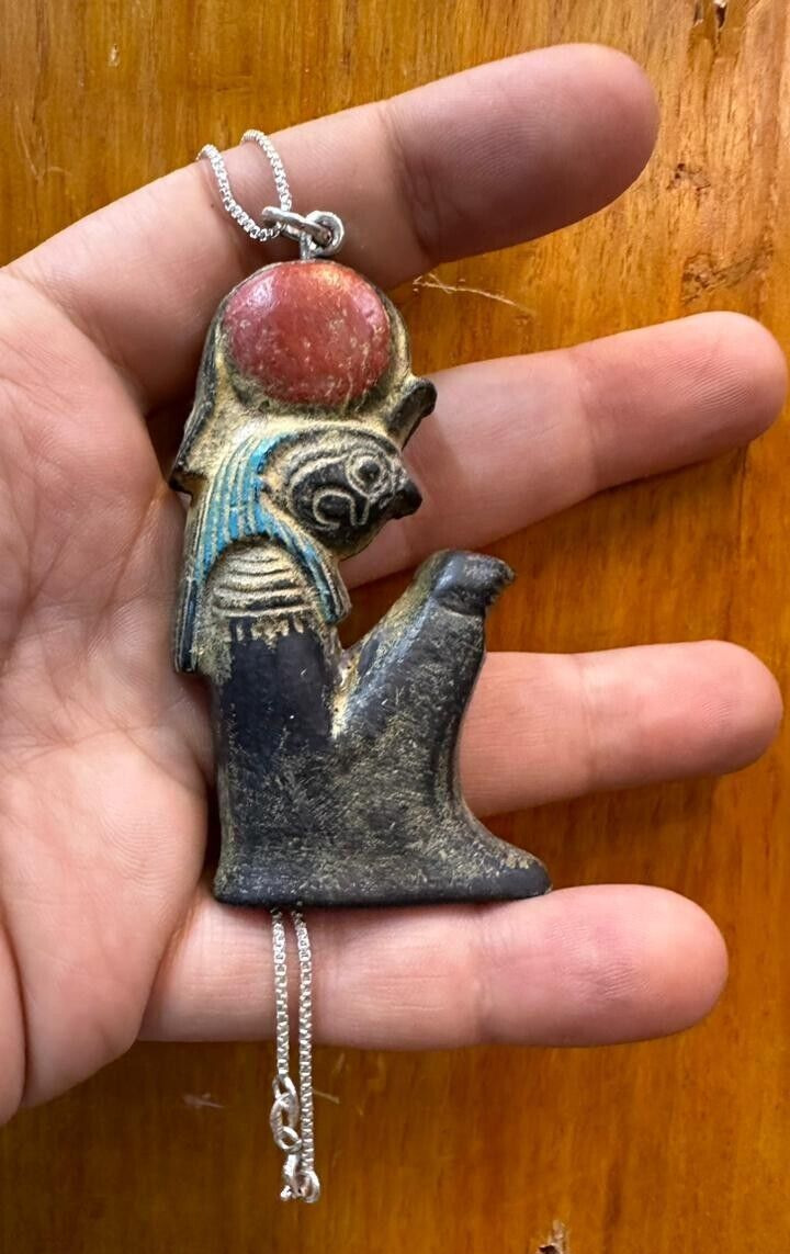 UNIQUE ANCIENT EGYPTIAN ANTIQUES God Horus as Amulet and Silver Chain Egypt BC