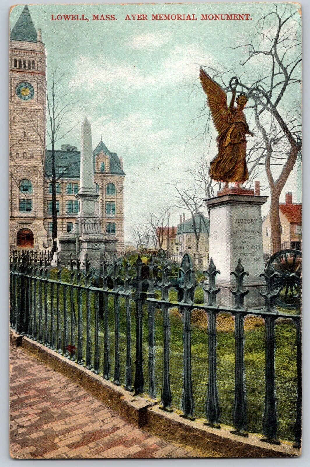 Postcard Antique Ayer Memorial Monument Lowell Massachusetts C8