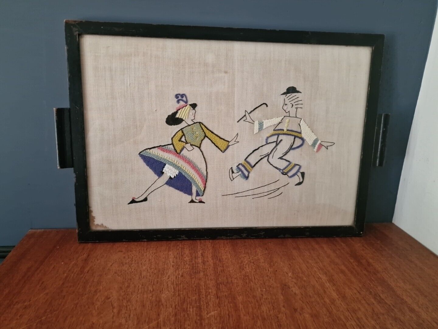 VINTAGE GLASS TOPPED TRAY, WITH EMBROIDERY CROSSTICH FOLK ART DANCING EBONISED 