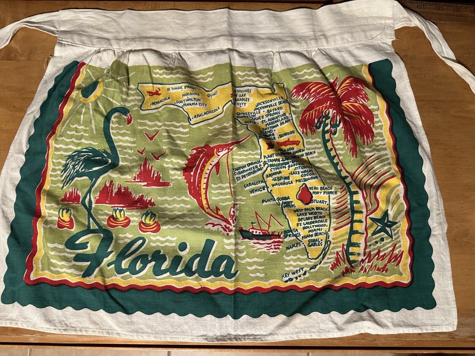 Vintage Florida Map Apron Pink Flamingos Hibiscus Palms Travel Souvenir MCM