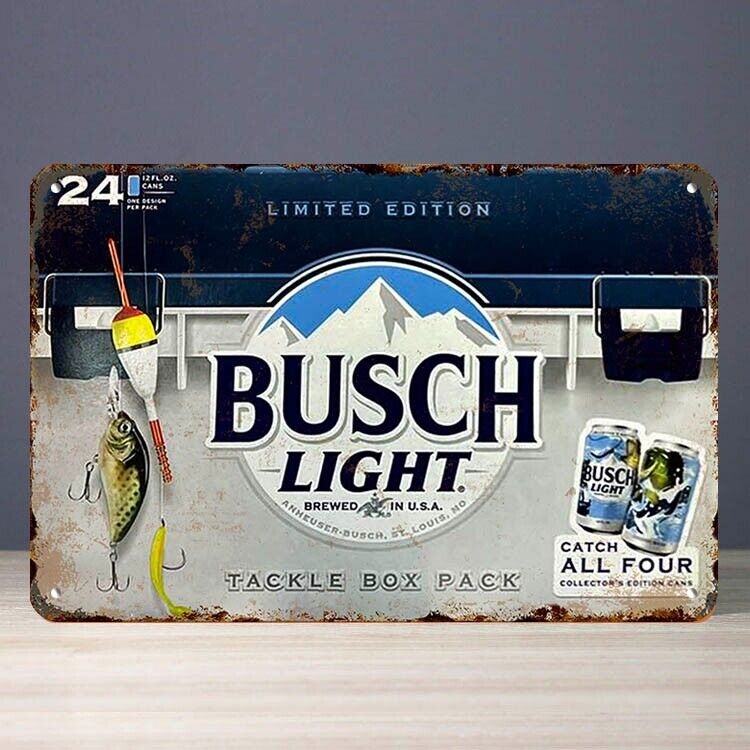 Busch Light Beer Fishing Tackle Box  Metal Tin Tacker Bar Sign NIB
