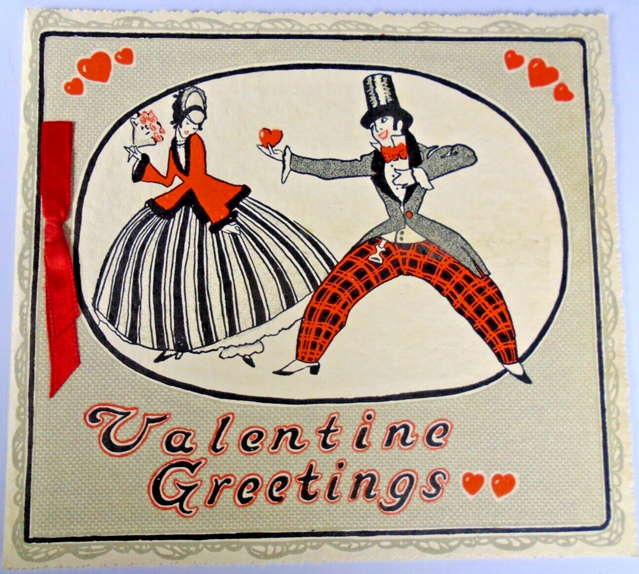 NOS ANTIQUE VINTAGE VALENTINE CARD 1920\'S EARLY DECO EDWARDIAN CRINOLINE LADY