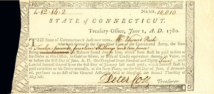 State of Connecticut - signed by Peter Colt - Early Stocks and Bonds