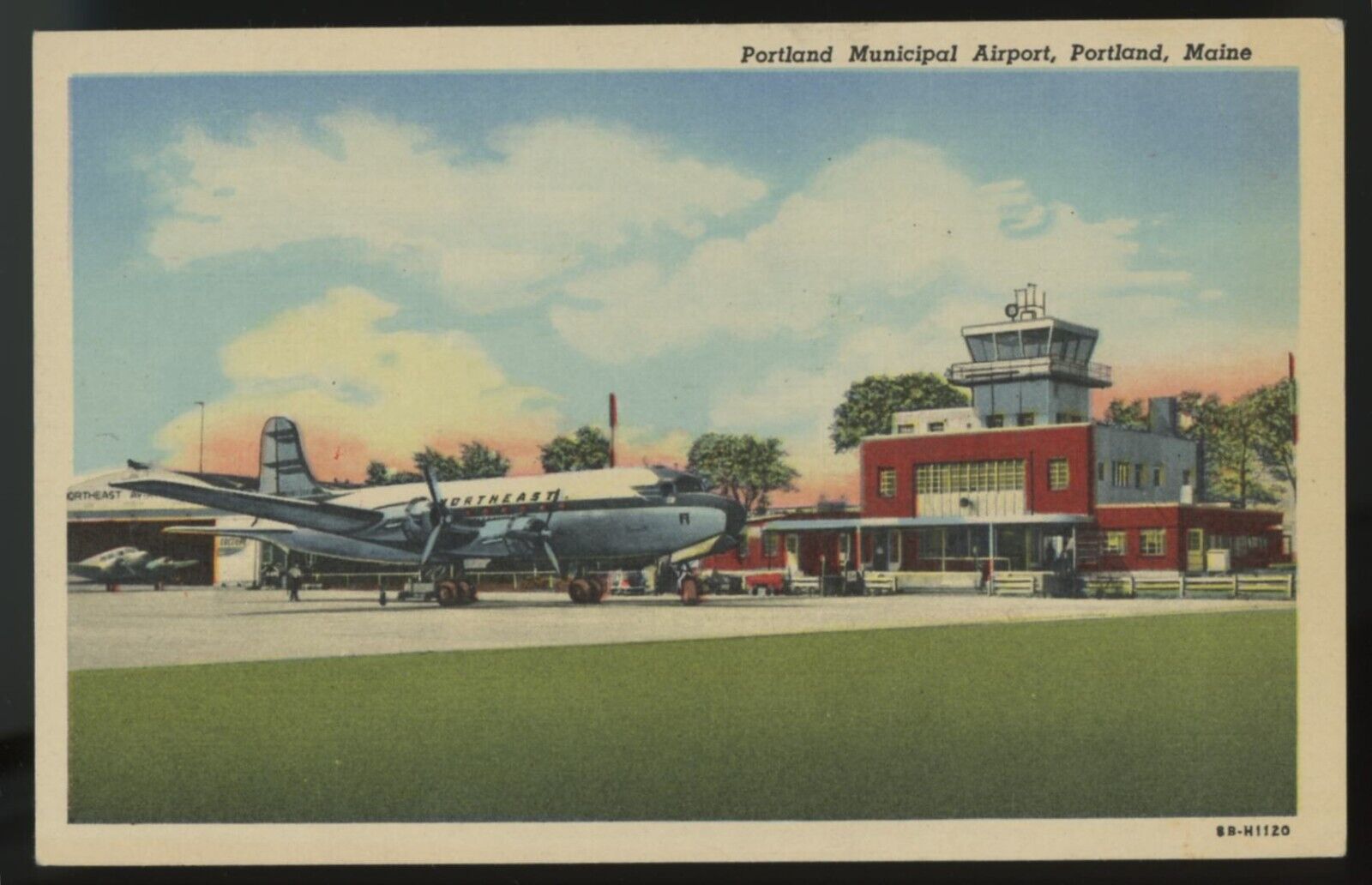 Portland ME Maine Municipal Airport 1940s linen Northeat Airlines Postcard tower