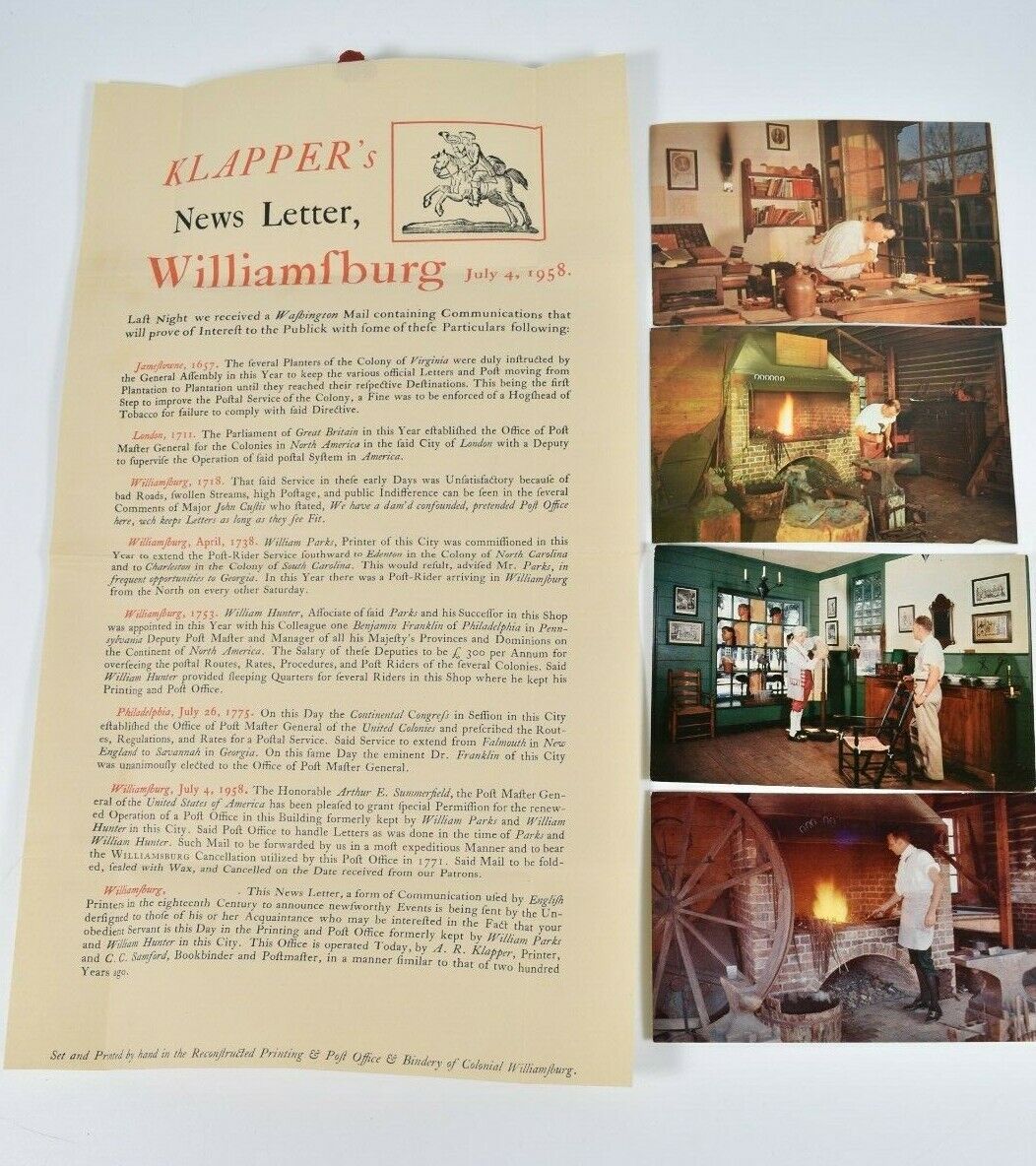 Vintage 1958 Klappers News Letter Williamsburg Virginia VA Postcards Barber Shop