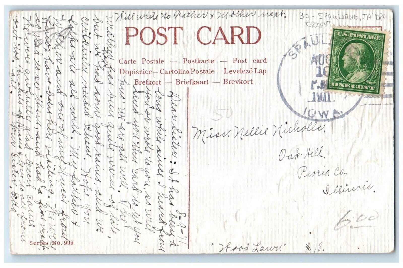1911 Greetings From Orient Oklahoma OK Flowers Dove Spaulding IA DPO Postcard