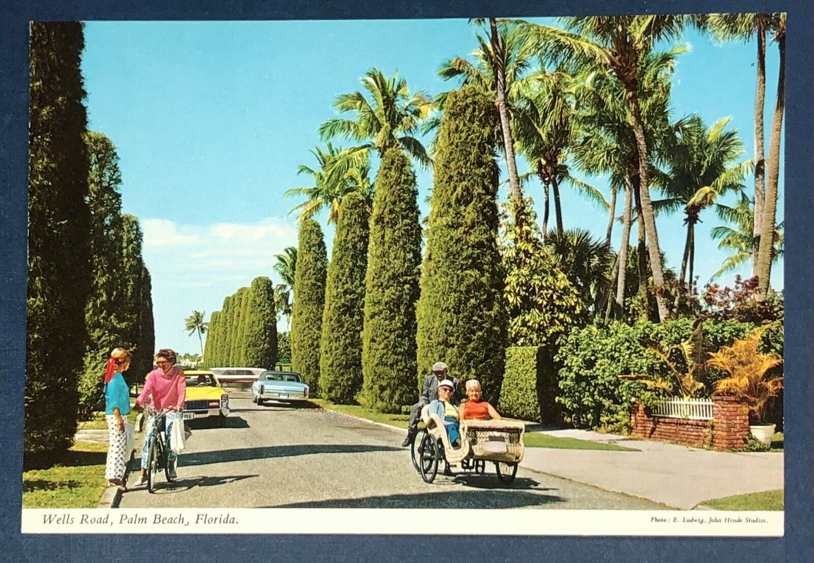 Postcard Palm Beach Florida Wells Road Bicycle Cart People Cars