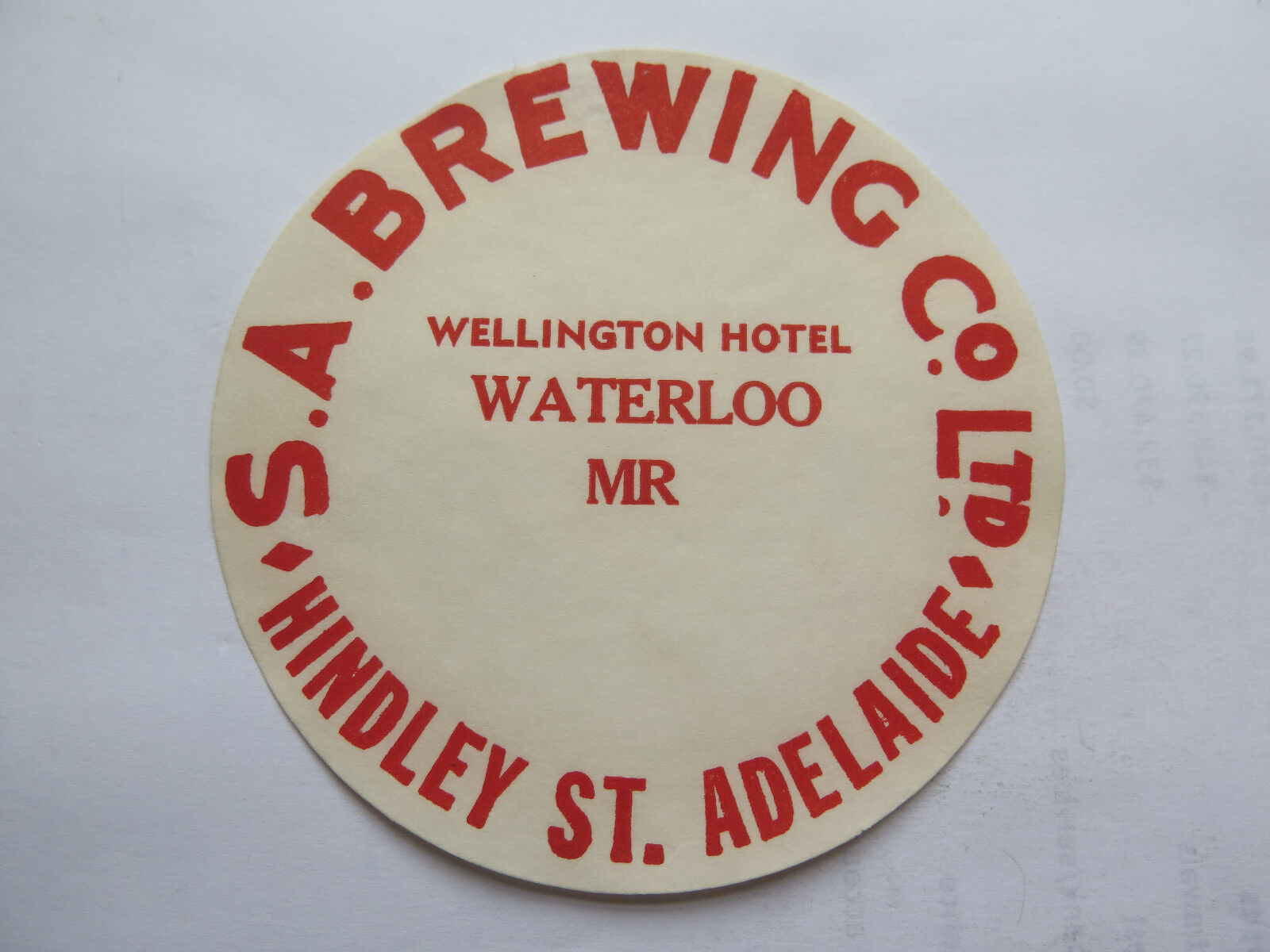  SA BREWING Co WELLINGTON HOTEL BEER KEG LABEL c1970s WATERLOO SOUTH AUSTRALIA