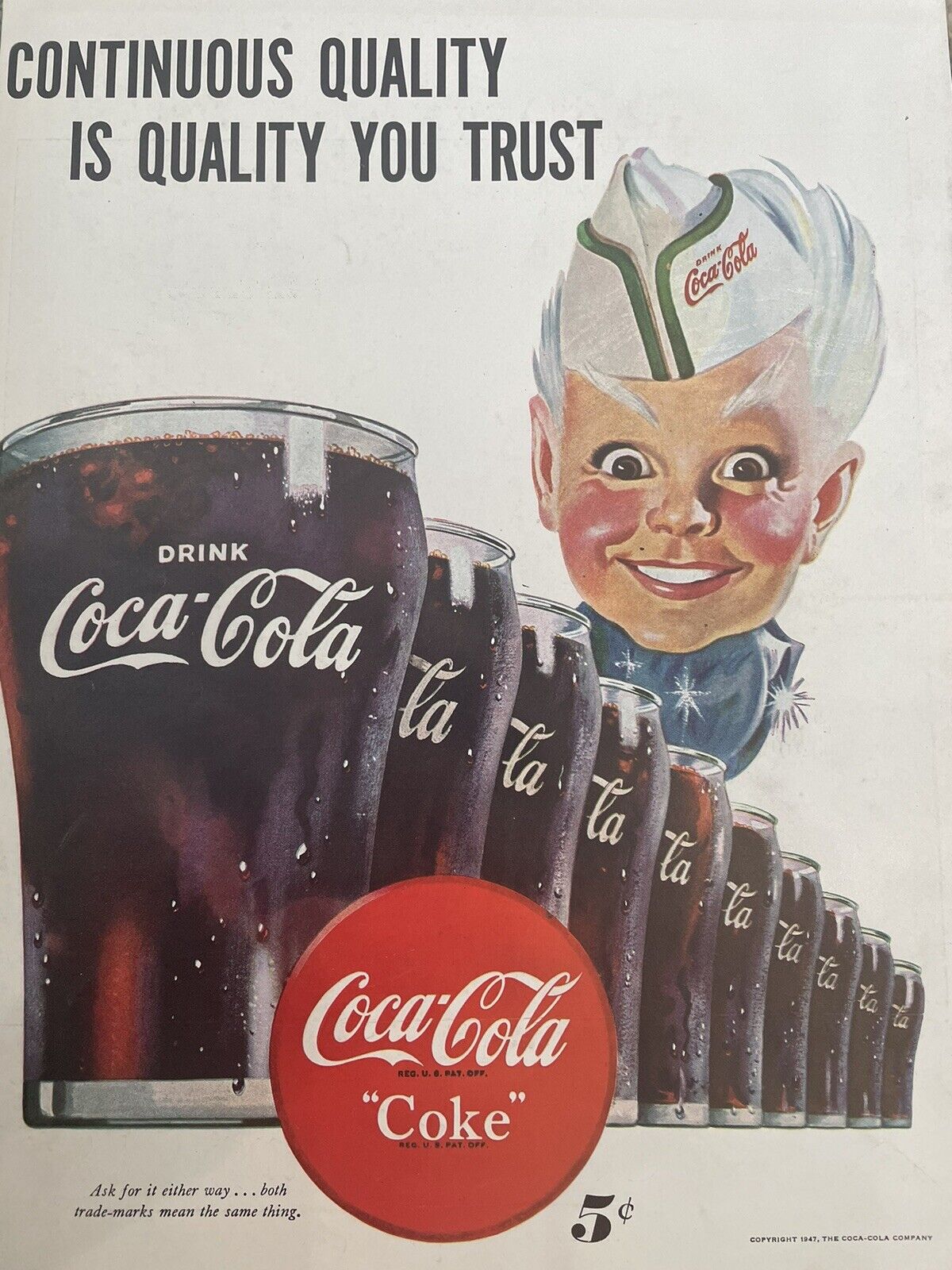1947 vintage Coca-Cola print ad. Continuous quality is quality you trust