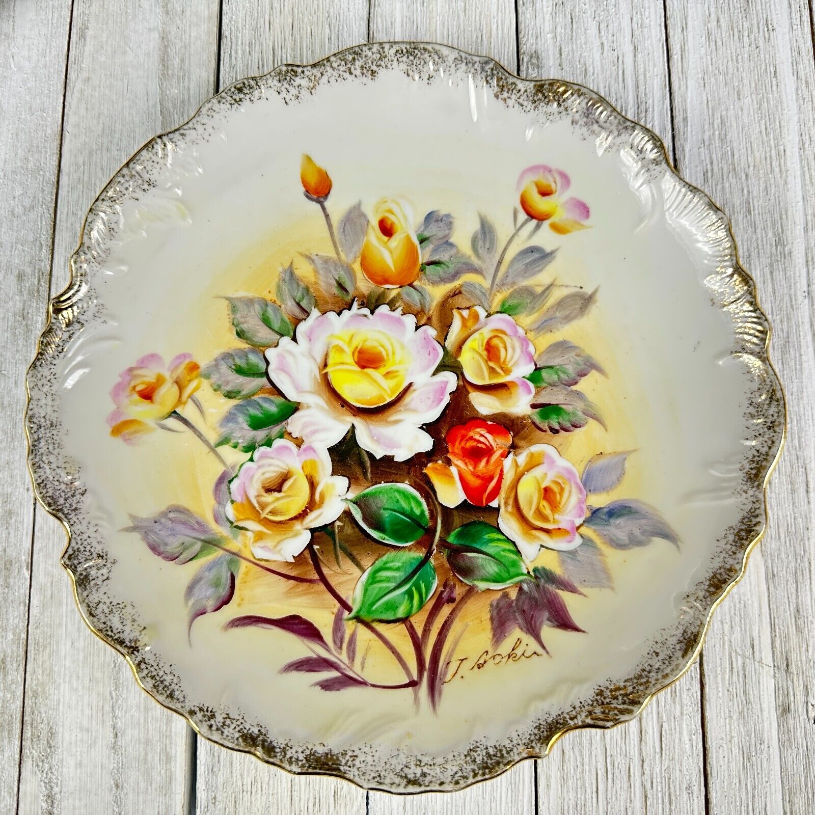 VTG Antique Hand Painted Plate Signed Floral Yellow Pink Rose Flower Warmth &Joy