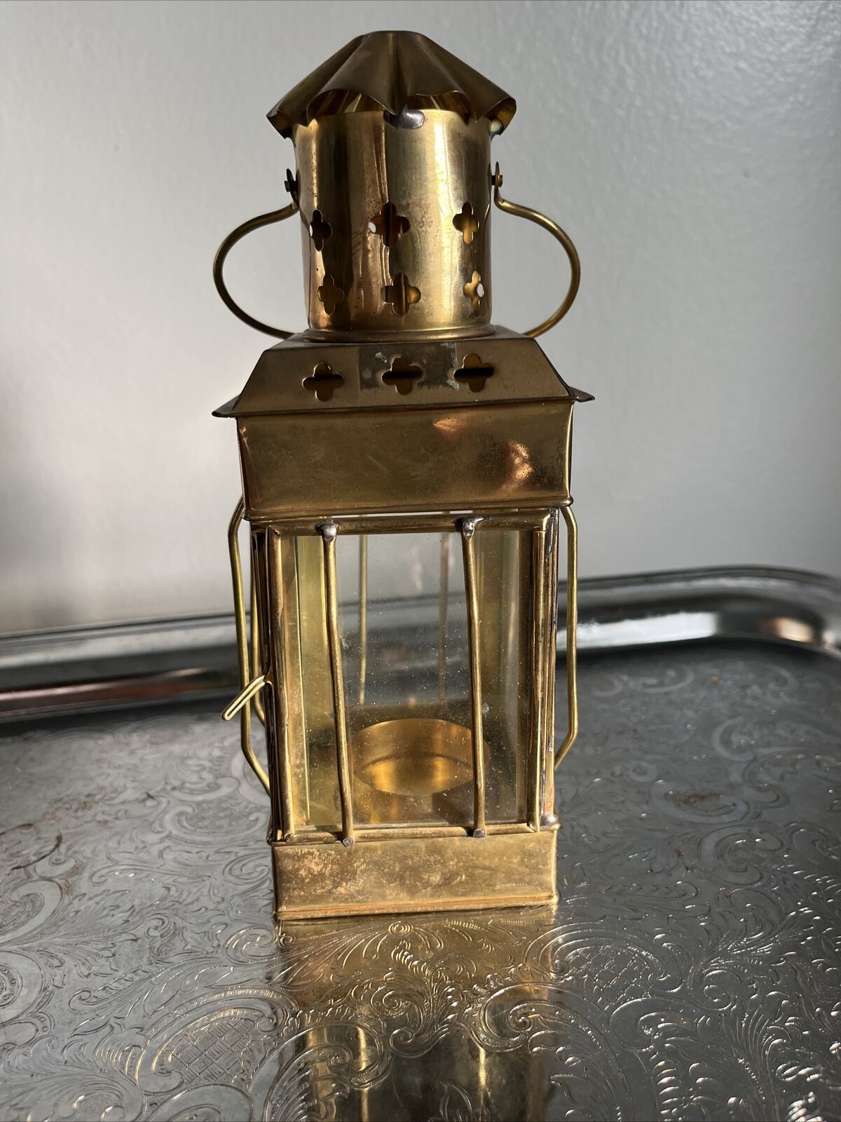 Small Brass & Glass  Ship Style Lantern / Candle Holder 8”