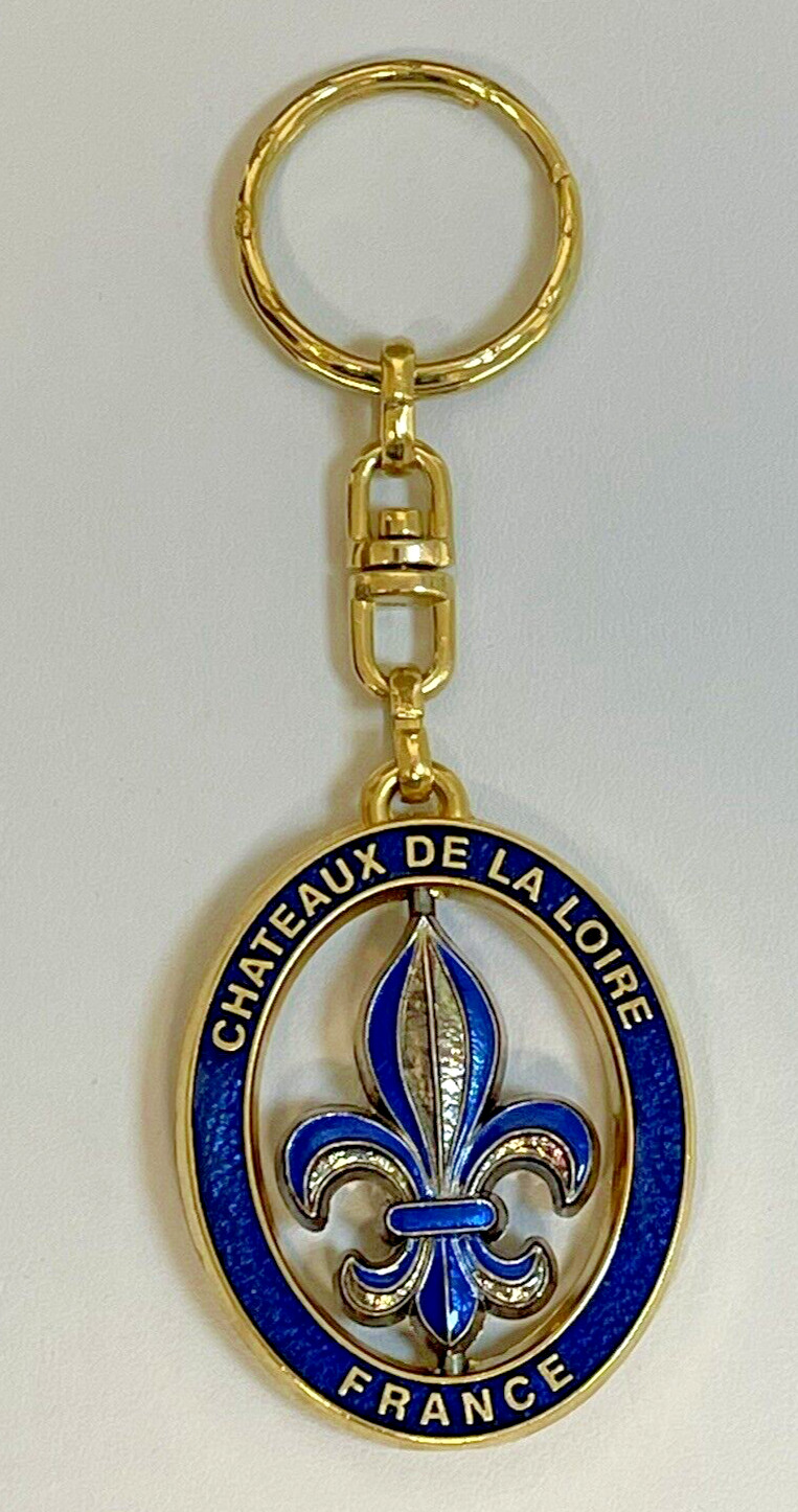 Souvenir Keychain Chateaux de la Loire France Spinner Gold Tone w/ Blue Enamel