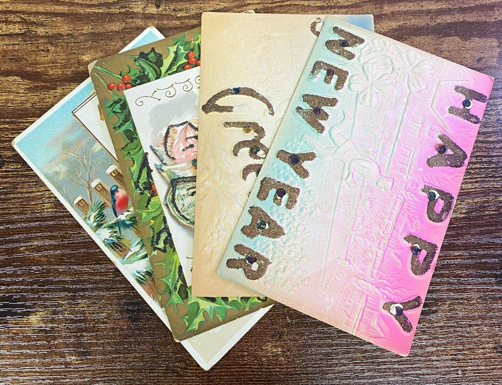 4 Antique Early 1900’s Happy New Years Embossed 3D Glitter Postcards NOT USED 63