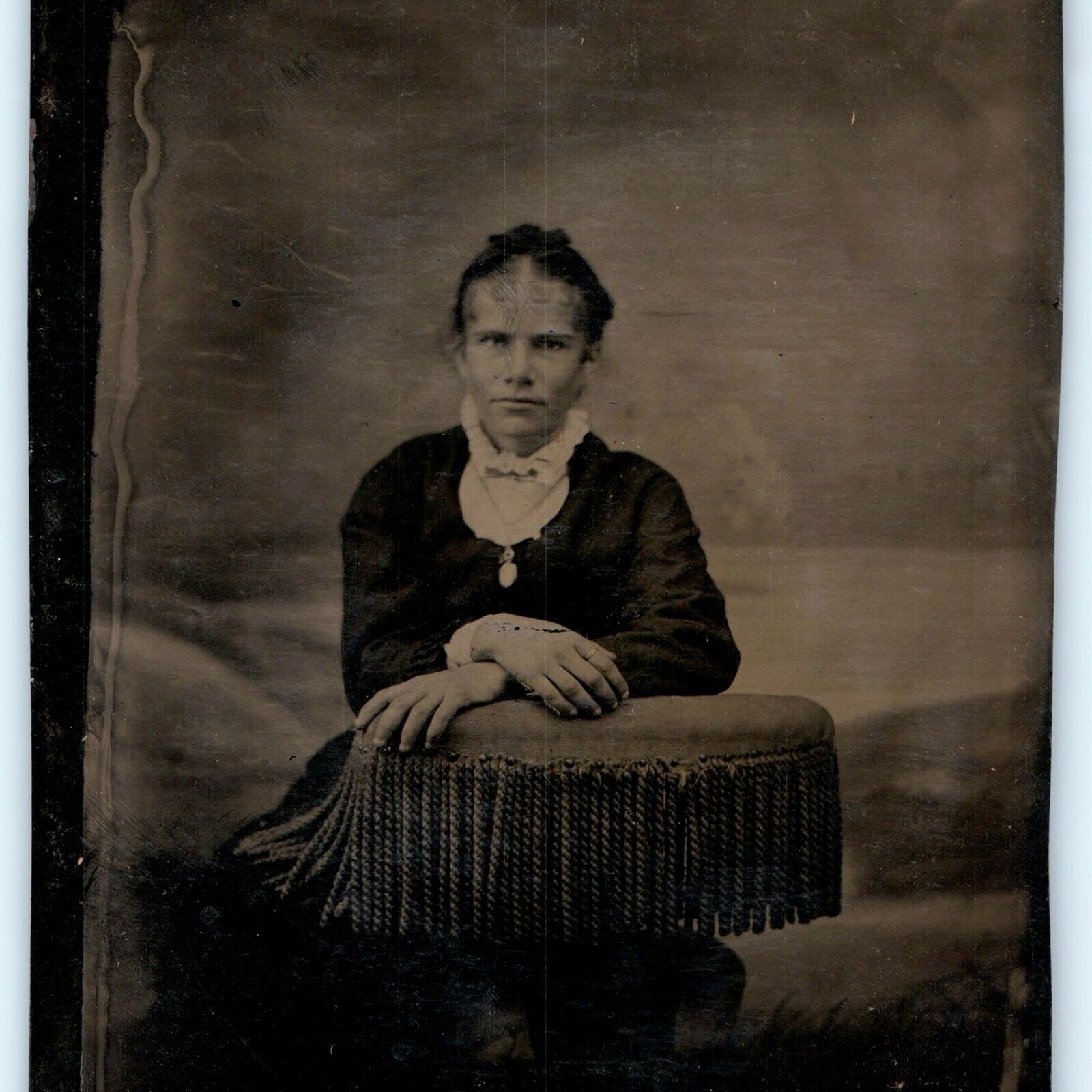 c1860s Lovely Young Lady Woman Girl Sit Chair Tintype Real Photo IA Antique H40