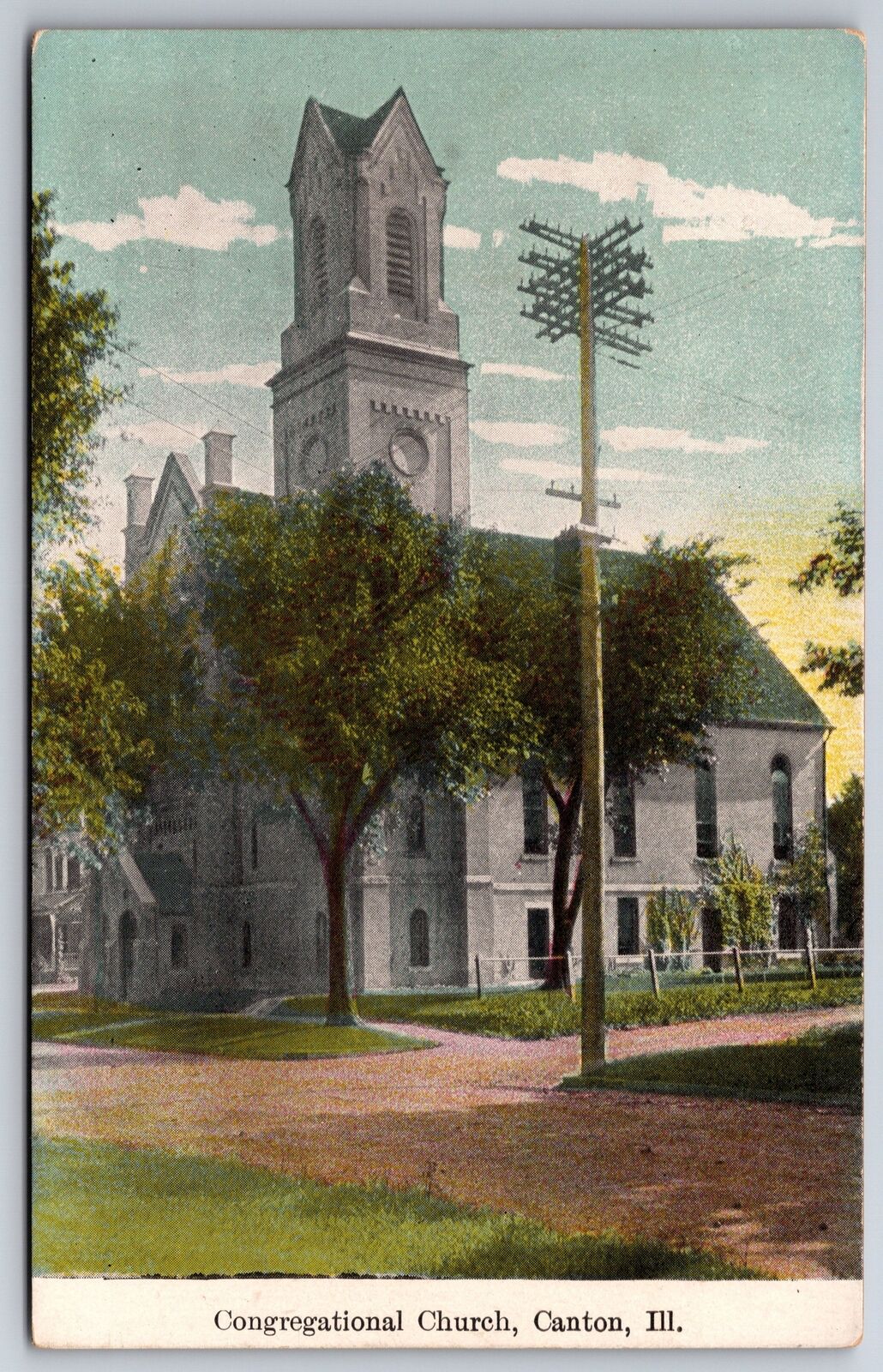 Canton Illinois~Congregational Church~Tower Tops Telephone Pole c1910 Postcard