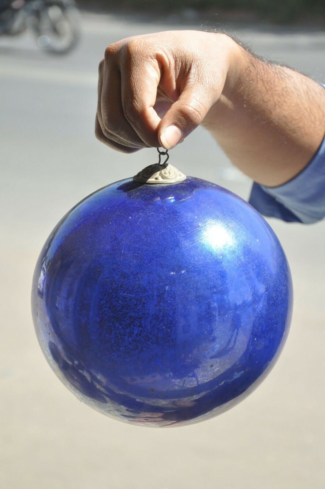 Vintage 7.25\'\' Blue Heavy Glass Original Kugel/Christmas Ornament, Germany