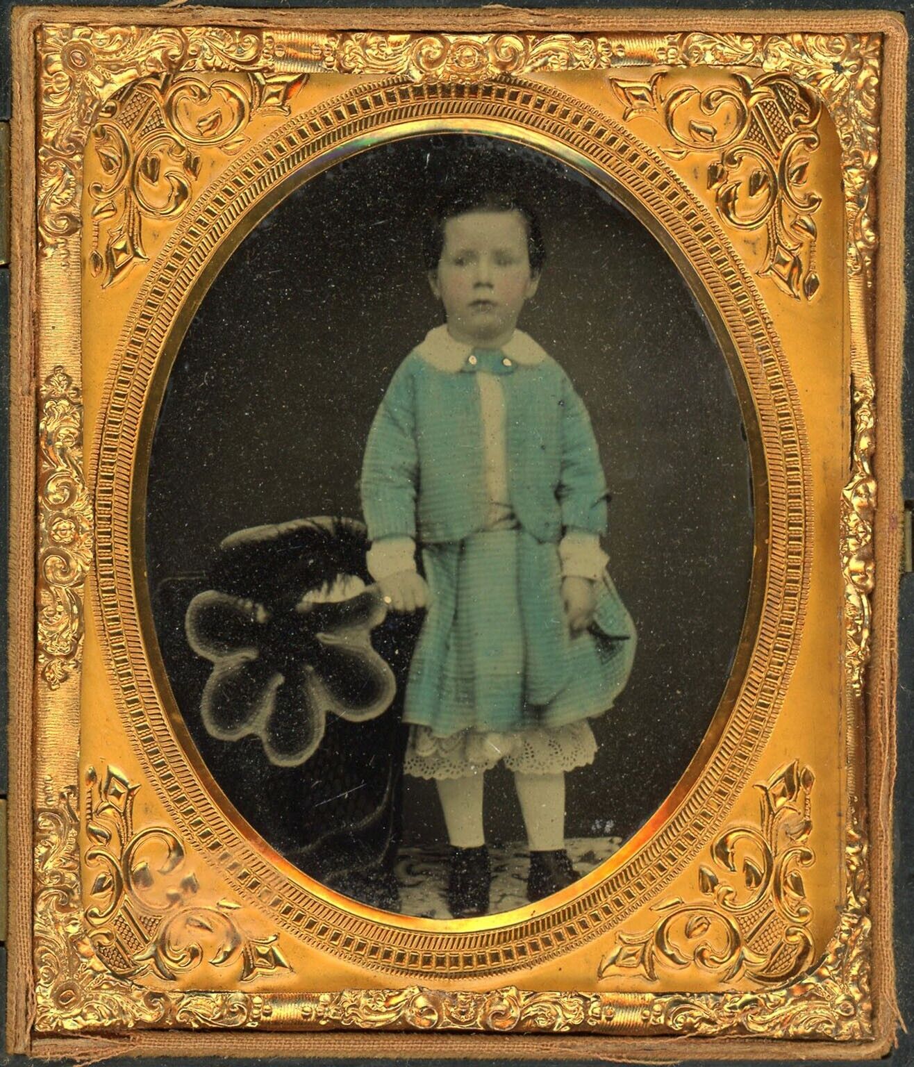 BOY DECKED OUT IN TURQUOISE SKIRT AND JACKET WEARING BLOOMERS AMBROTYPE