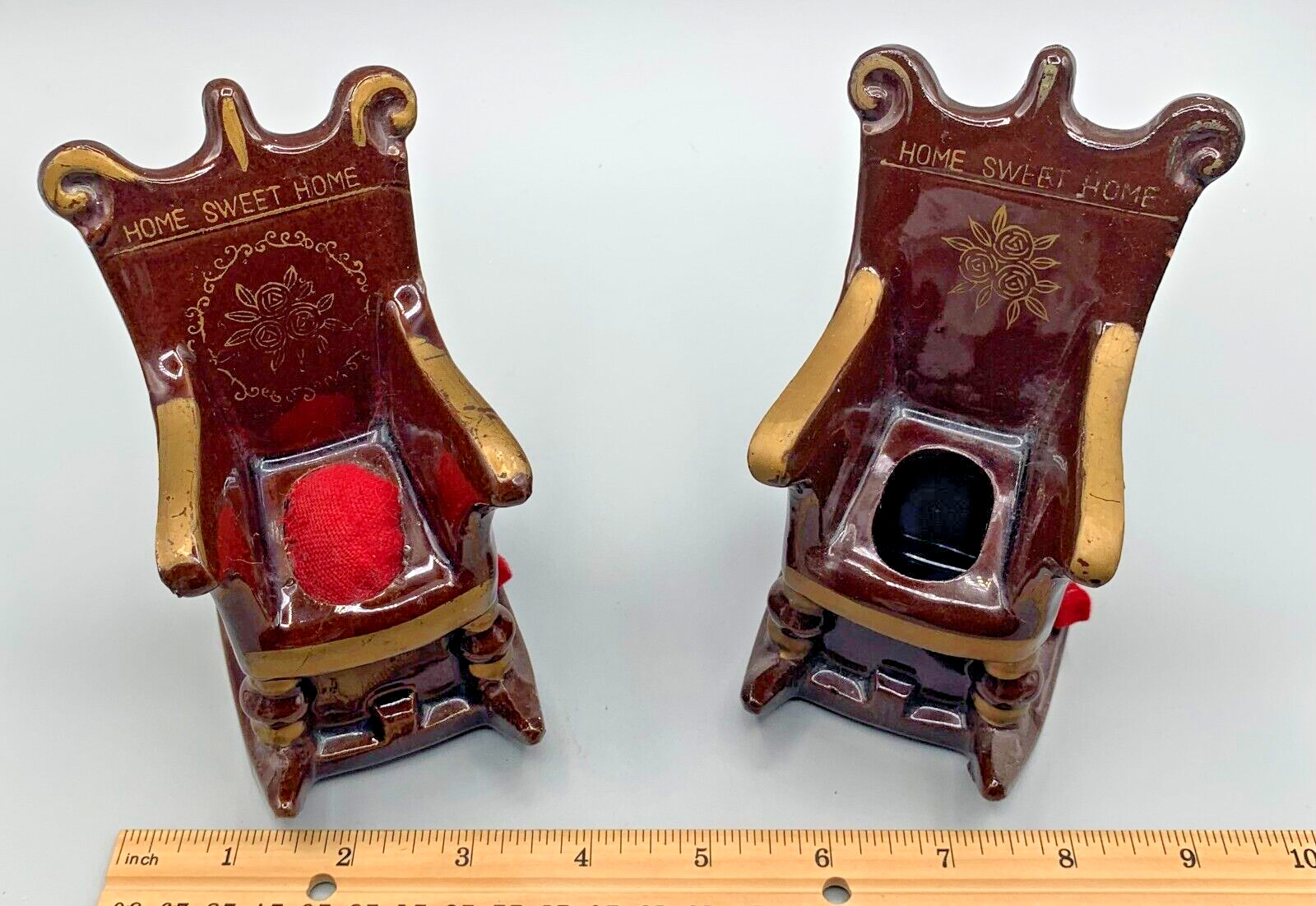 Ceramic Pair of Rocking Chair Pin Cusions w/Measuring Tape