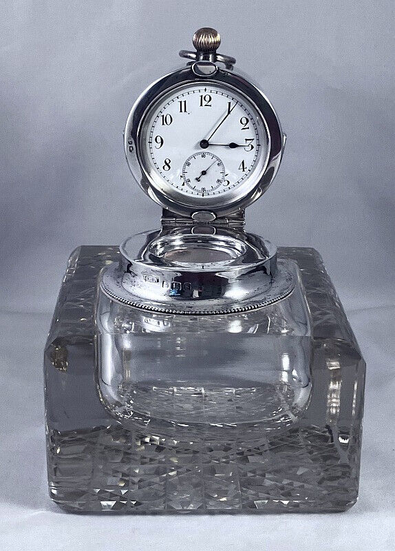 Large 1822 Antq Sterling Silver Cut Glass Inkwell w/Folding Clock W.H. Williams