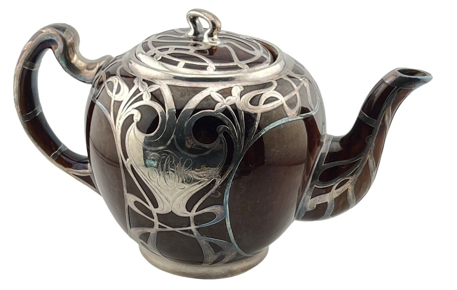Antique 1900 Lenox Art Nouveau Teapot Deep Brown Porcelain & Sterling Overlay