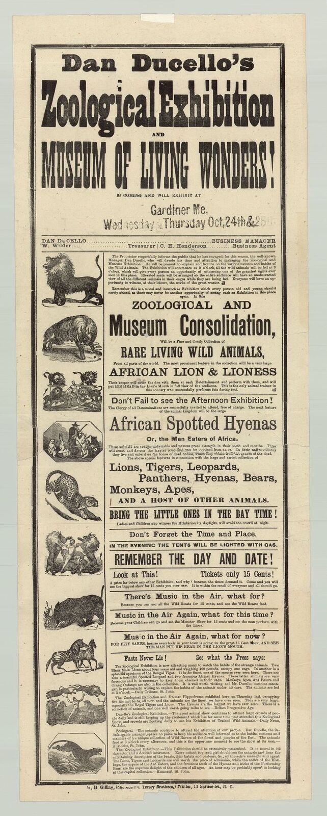 Dan Ducello’s Zoological Exhibition…of Living Wonders broadside c. 1880