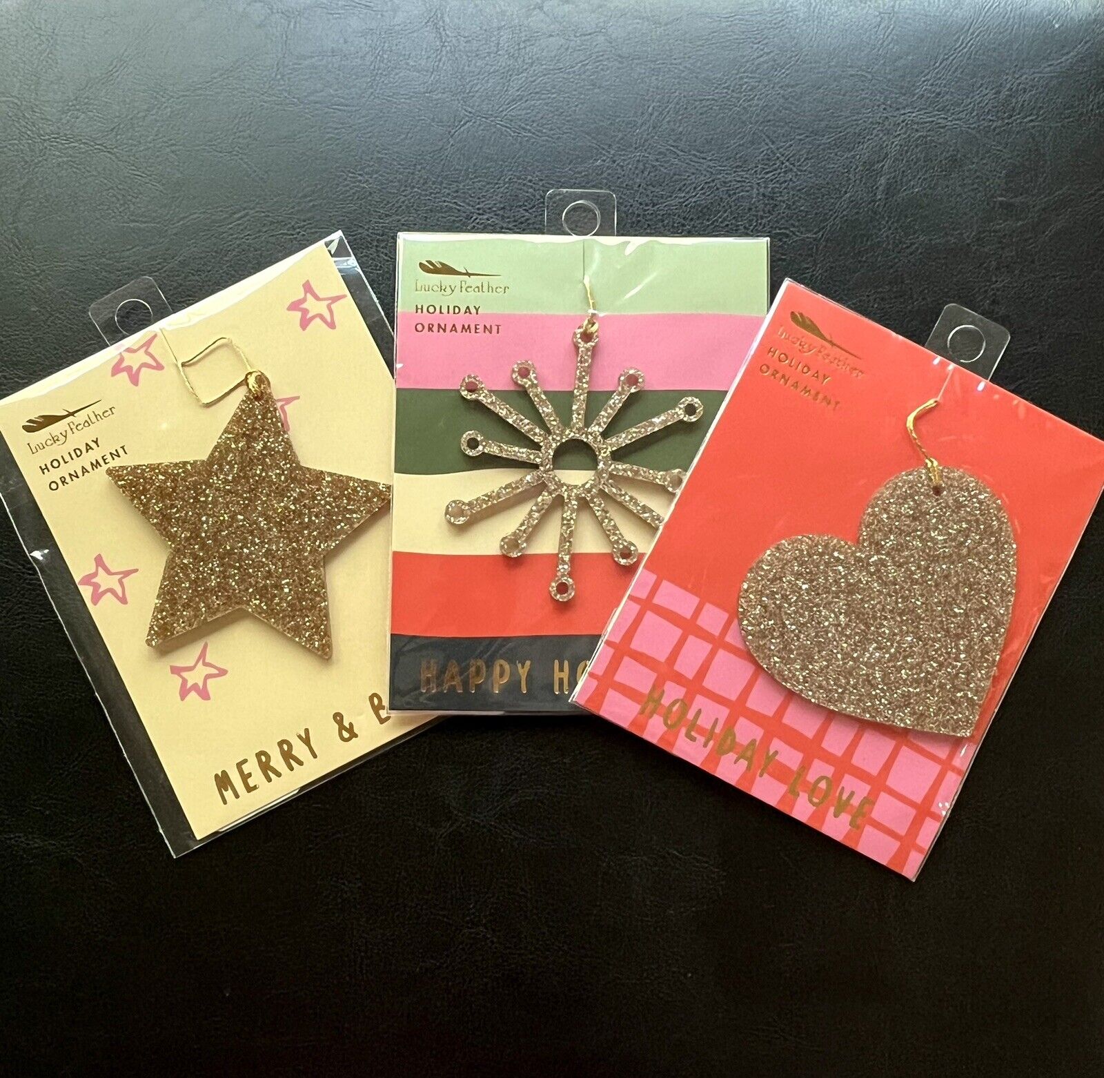 3 Lucky Feather Gold Glitter Holiday Christmas Ornaments : STAR HEART SNOWFLAKE