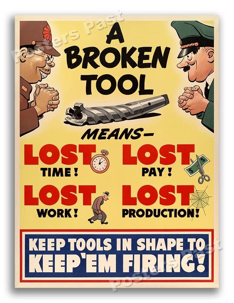 1940s A Broken Tool Means Lost Time WWII Historic War Poster - 24x32