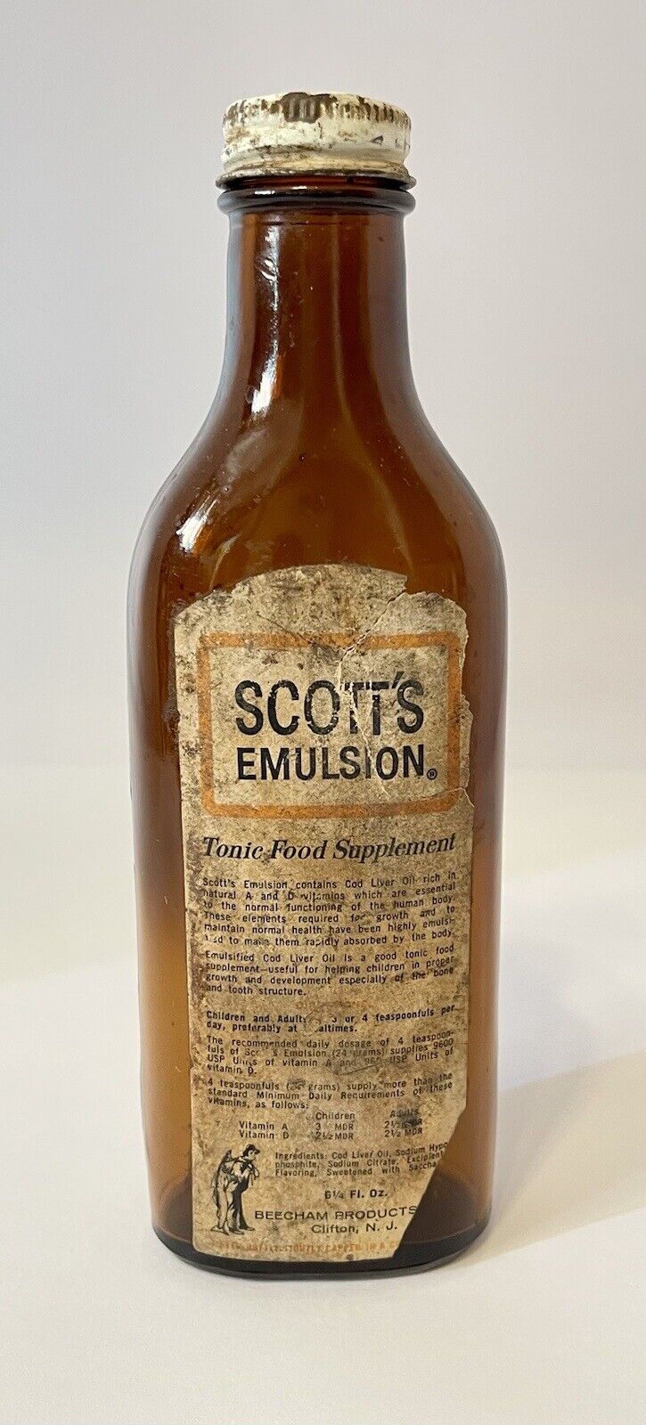 Glass Bottle SCOTT\'S EMULSION Amber Bottle Embossed Man Fish Vintage Paper Label