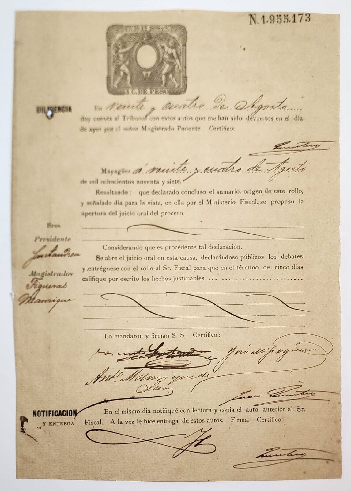 ANTIQUE SPANISH COLONIAL DOCUMENT / MAYAGUEZ PUERTO RICO 1897