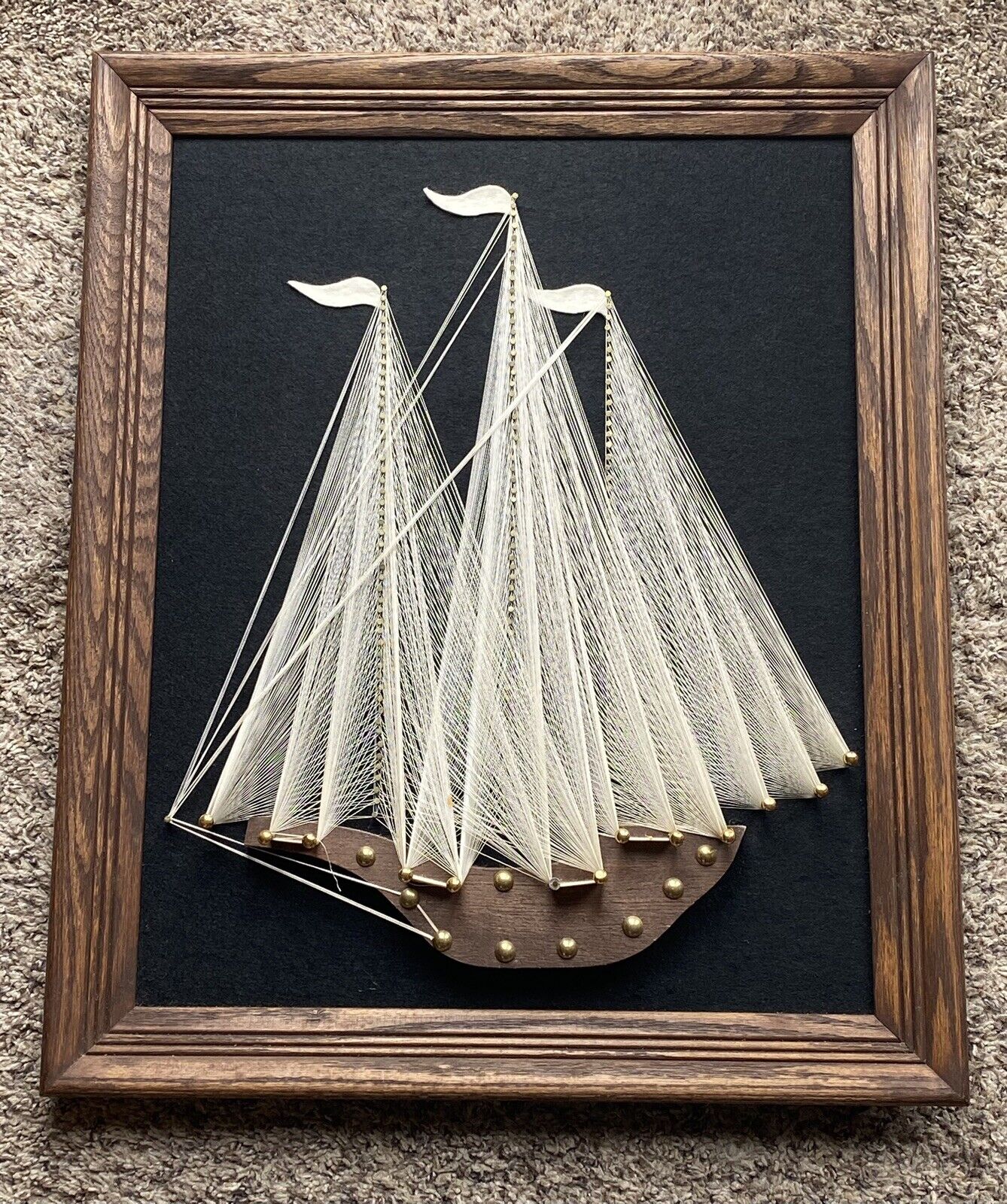 Mid Century Sailing Ship Nail & String Art Large Framed 19 1/4”x23 1/4” Vintage