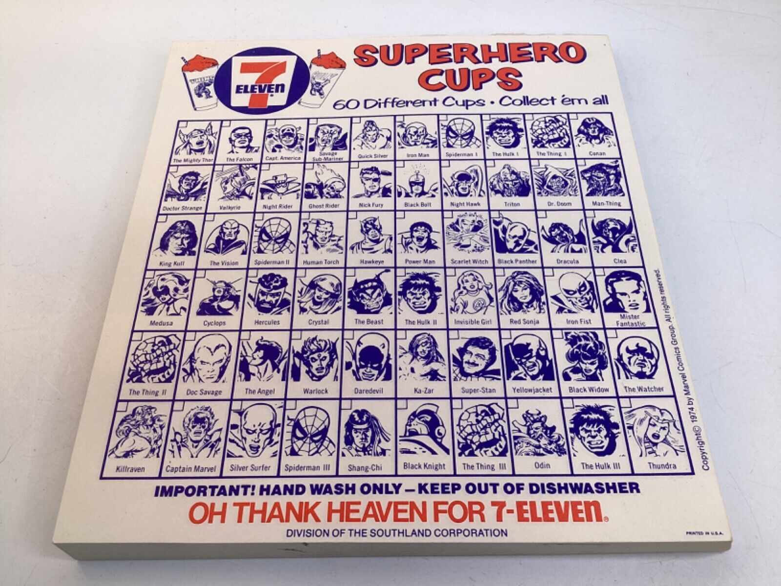 (1) ORIGINAL 1970\'s SLURPEE Marvel Super Hero 7-11 cup checklist minty